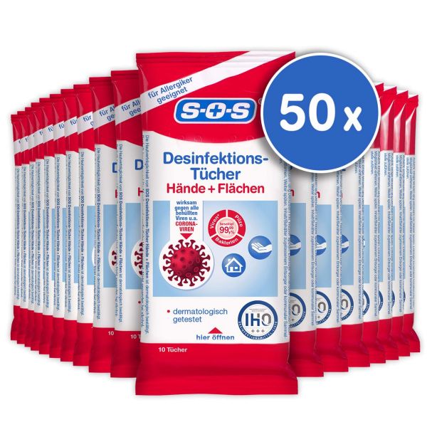 SOS Desinfektions-Tücher Karton mit 50 Einzelpackungen